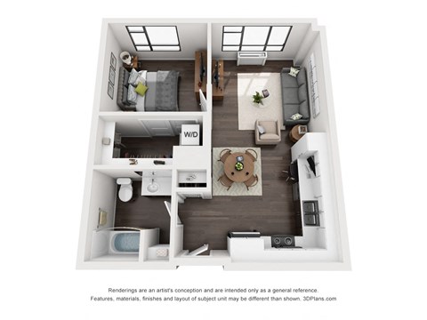 Floor plan for 1 bed, 1 bath, 634 sqft